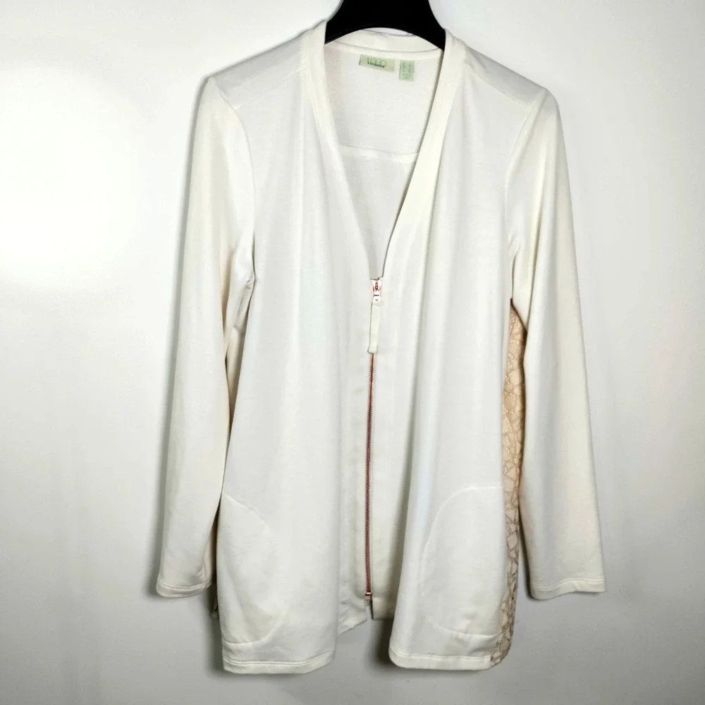 LOGO Lounge Ivory Full Zip Cardigan Jacket Lace Back Women 2X Cottage Core Lagun - Picture 3 of 15
